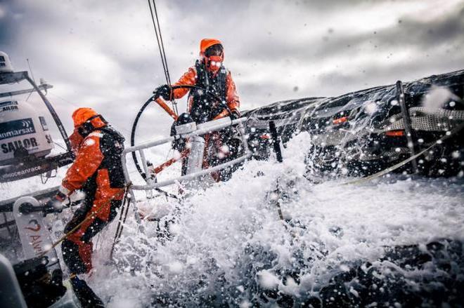 Onboard Team Alvimedica - Stu Bannatyne helping in rough and windy conditions as the Low Pressure system approaches from the west, while Nick Dana stands by on the mainsail trim - Leg five to Itajai -  Volvo Ocean Race 2015 ©  Amory Ross / Team Alvimedica